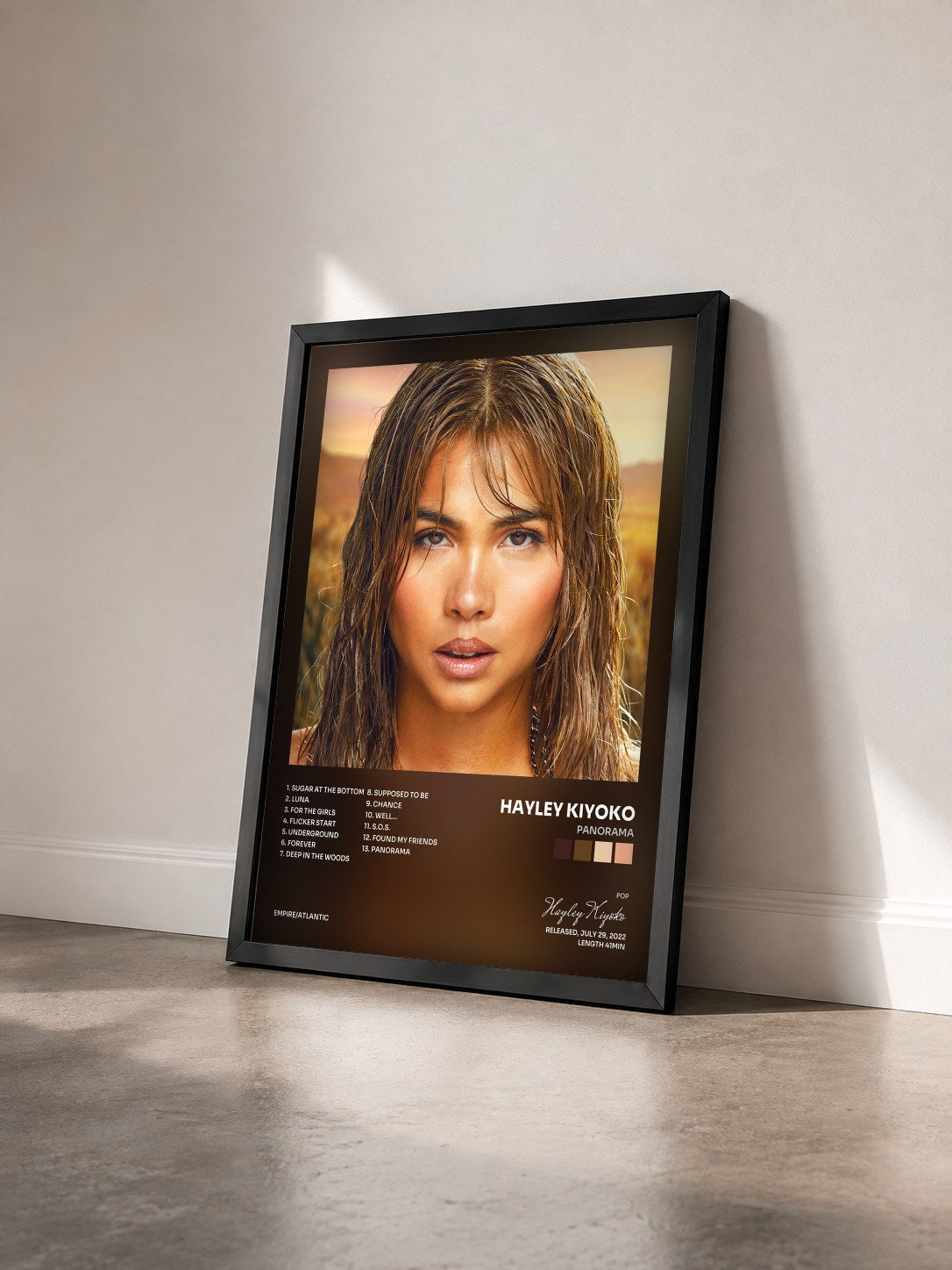 #noir Tableau de l'album PANORAMA de Hayley Kiyoko vu de trois quarts, cadre noir