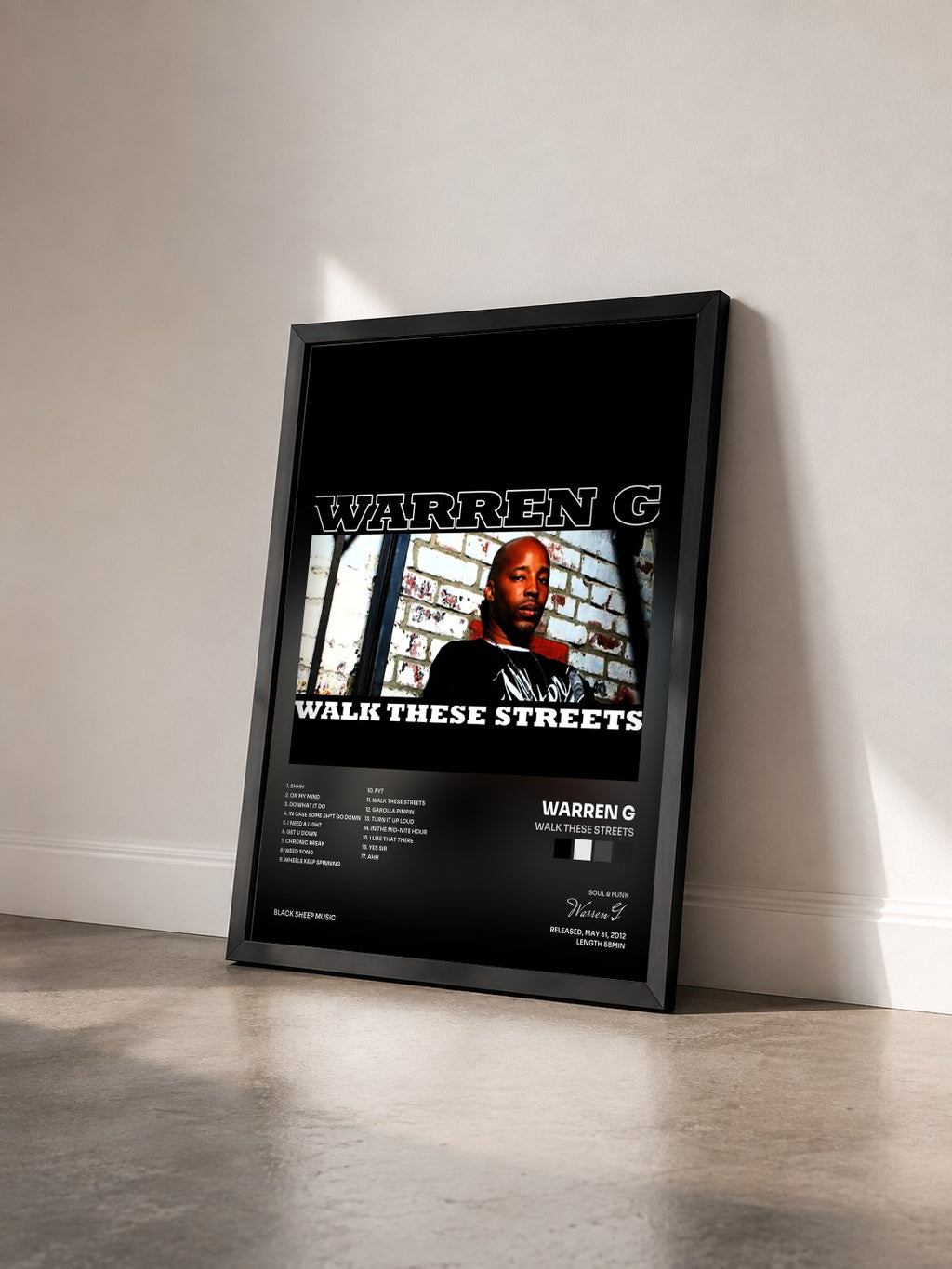 #noir Tableau de l'album Walk These Streets de Warren G vu de trois quarts, cadre noir