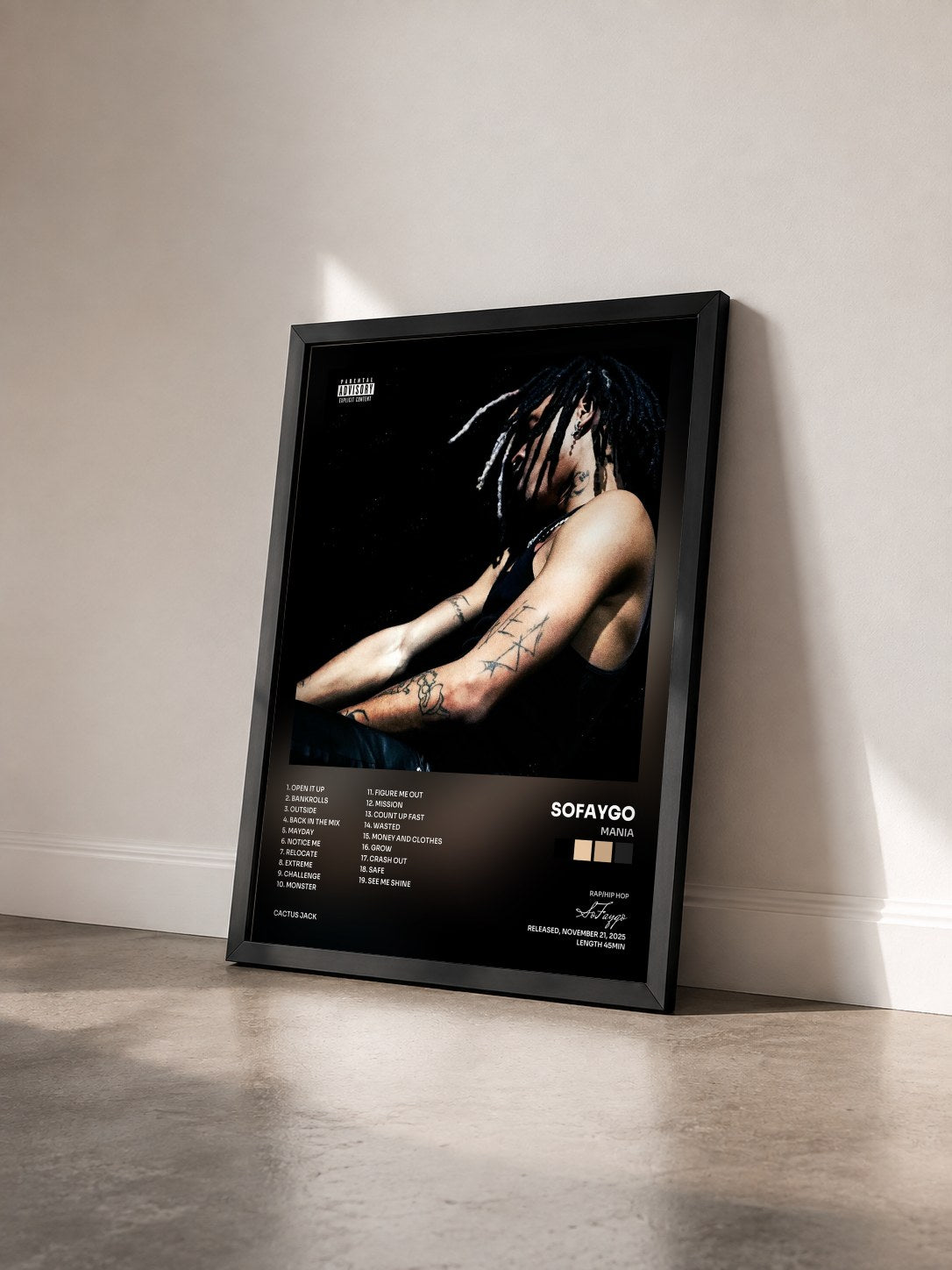 #noir Tableau de l'album MANIA de SoFaygo vu de trois quarts, cadre noir