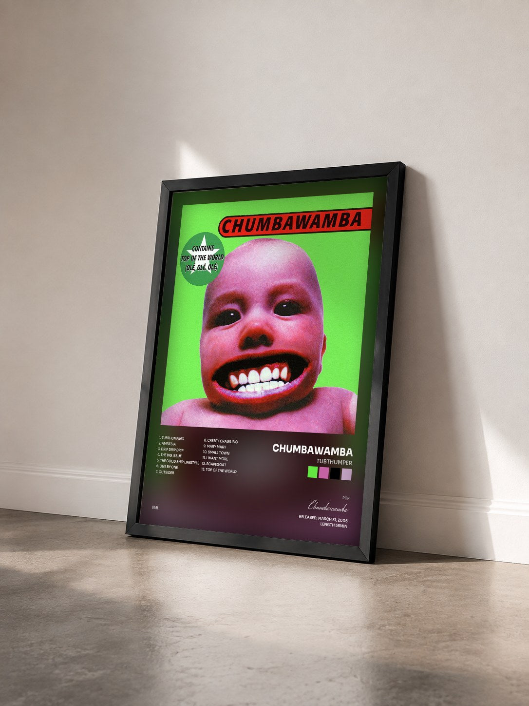 #noir Tableau de l'album Tubthumper de Chumbawamba vu de trois quarts, cadre noir
