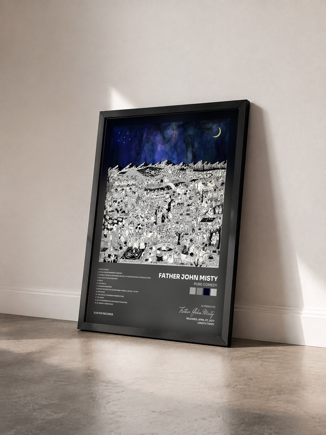 #noir Tableau de l'album Pure Comedy de Father John Misty vu de trois quarts, cadre noir