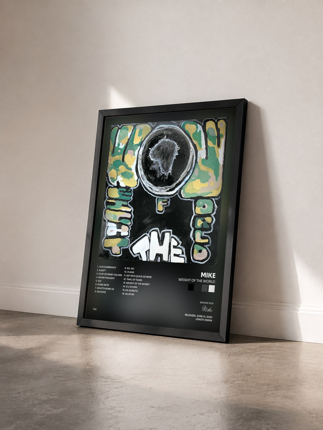 #noir Tableau de l'album weight of the world de Mike vu de trois quarts, cadre noir