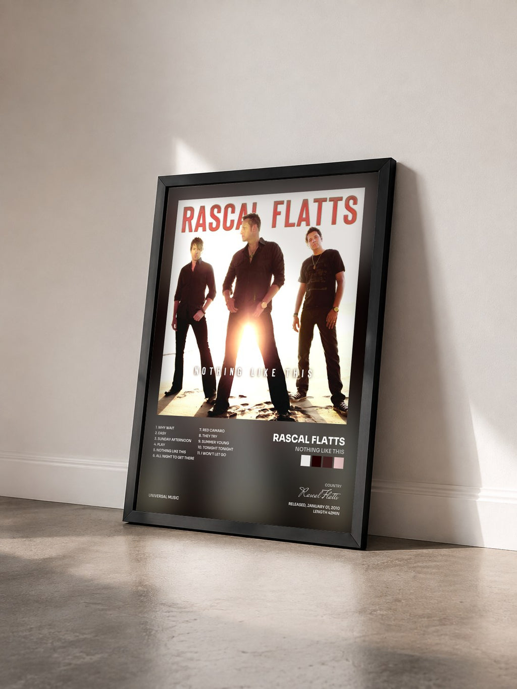 #noir Tableau de l'album Nothing Like This de Rascal Flatts vu de trois quarts, cadre noir