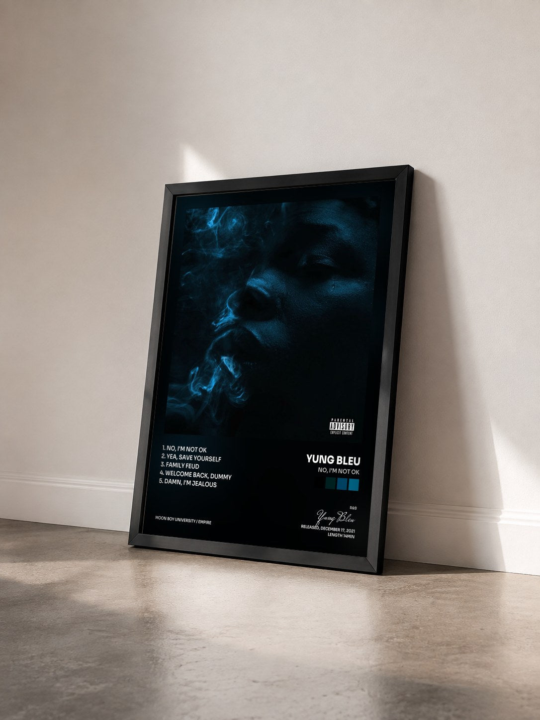 #noir Tableau de l'album No, I'm Not Ok de Yung Bleu vu de trois quarts, cadre noir