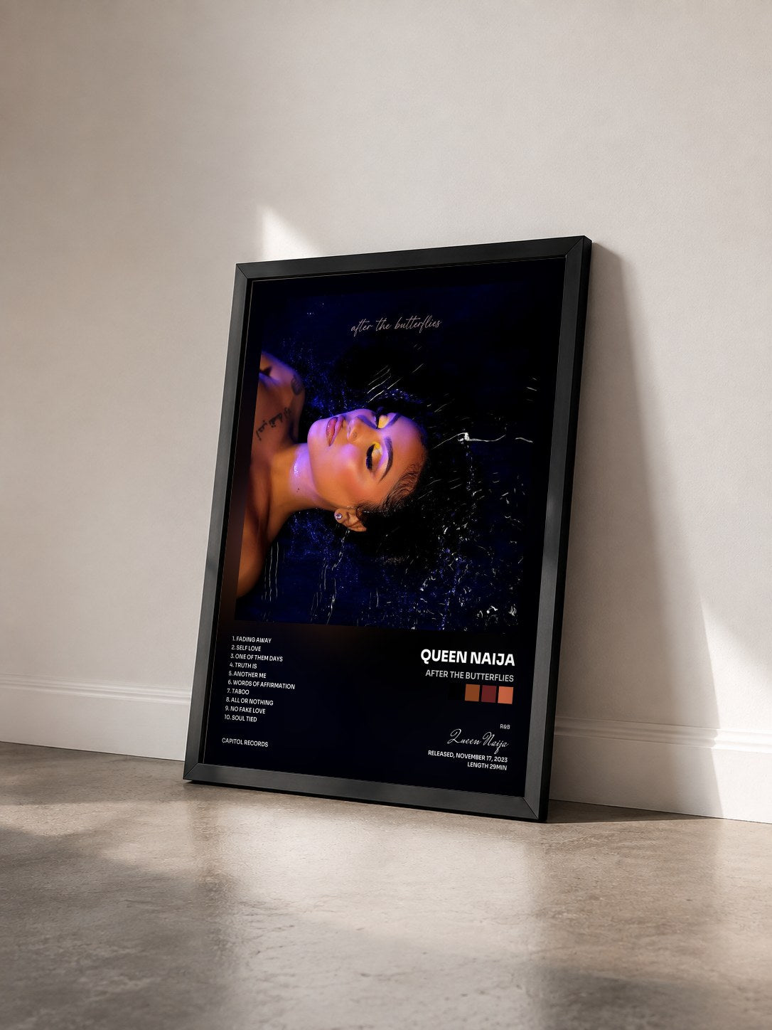 #noir Tableau de l'album After the Butterflies de Queen Naija vu de trois quarts, cadre noir