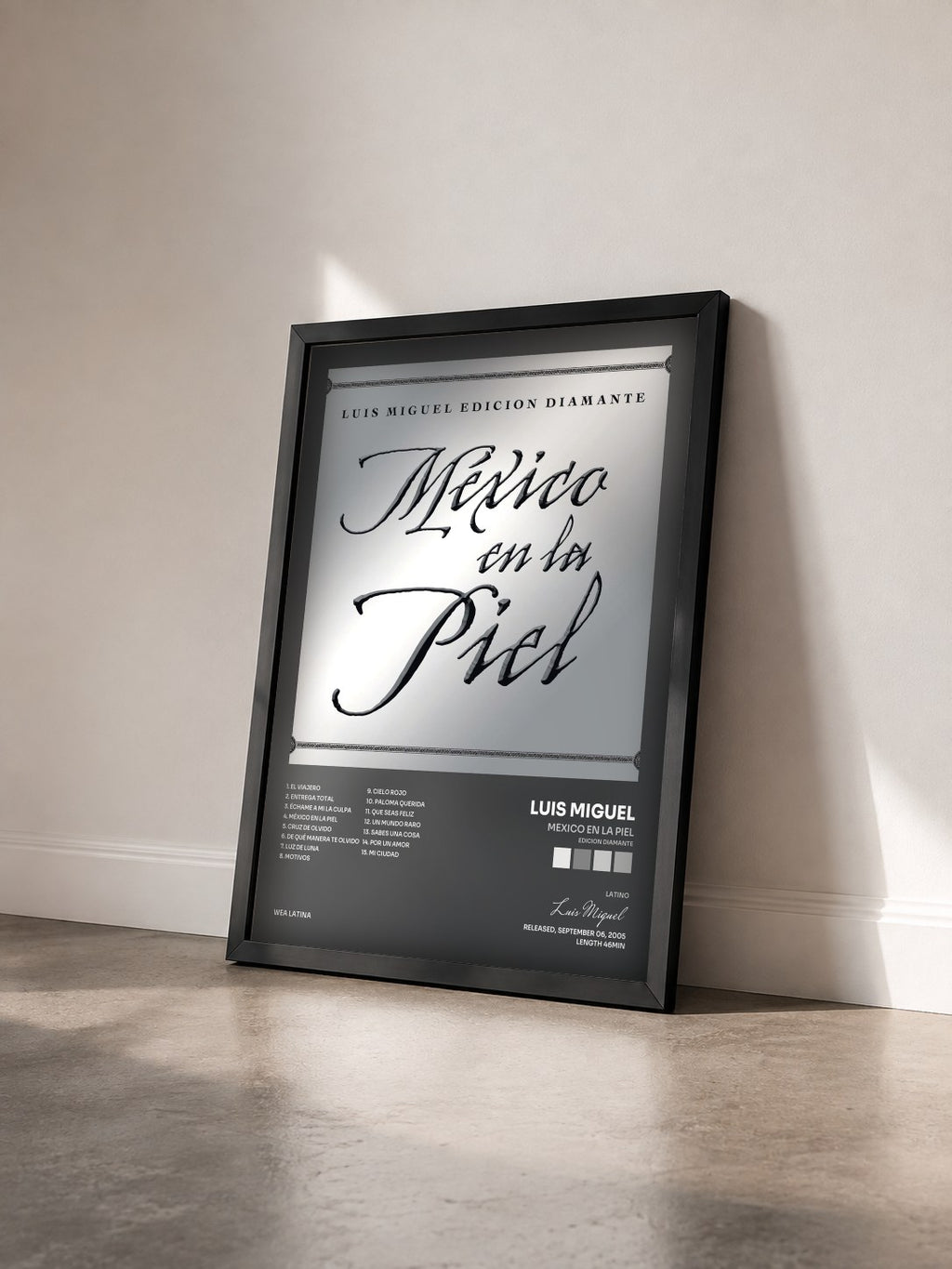 #noir Tableau de l'album Mexico en la Piel (edicion diamante) de Luis Miguel vu de trois quarts, cadre noir