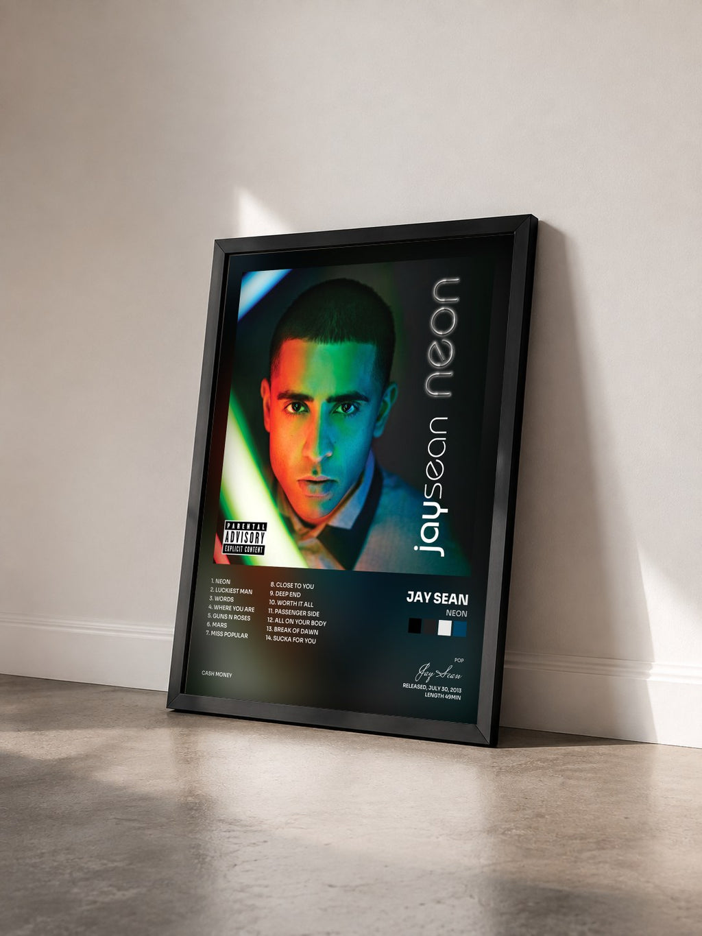 #noir Tableau de l'album Neon de Jay Sean vu de trois quarts, cadre noir