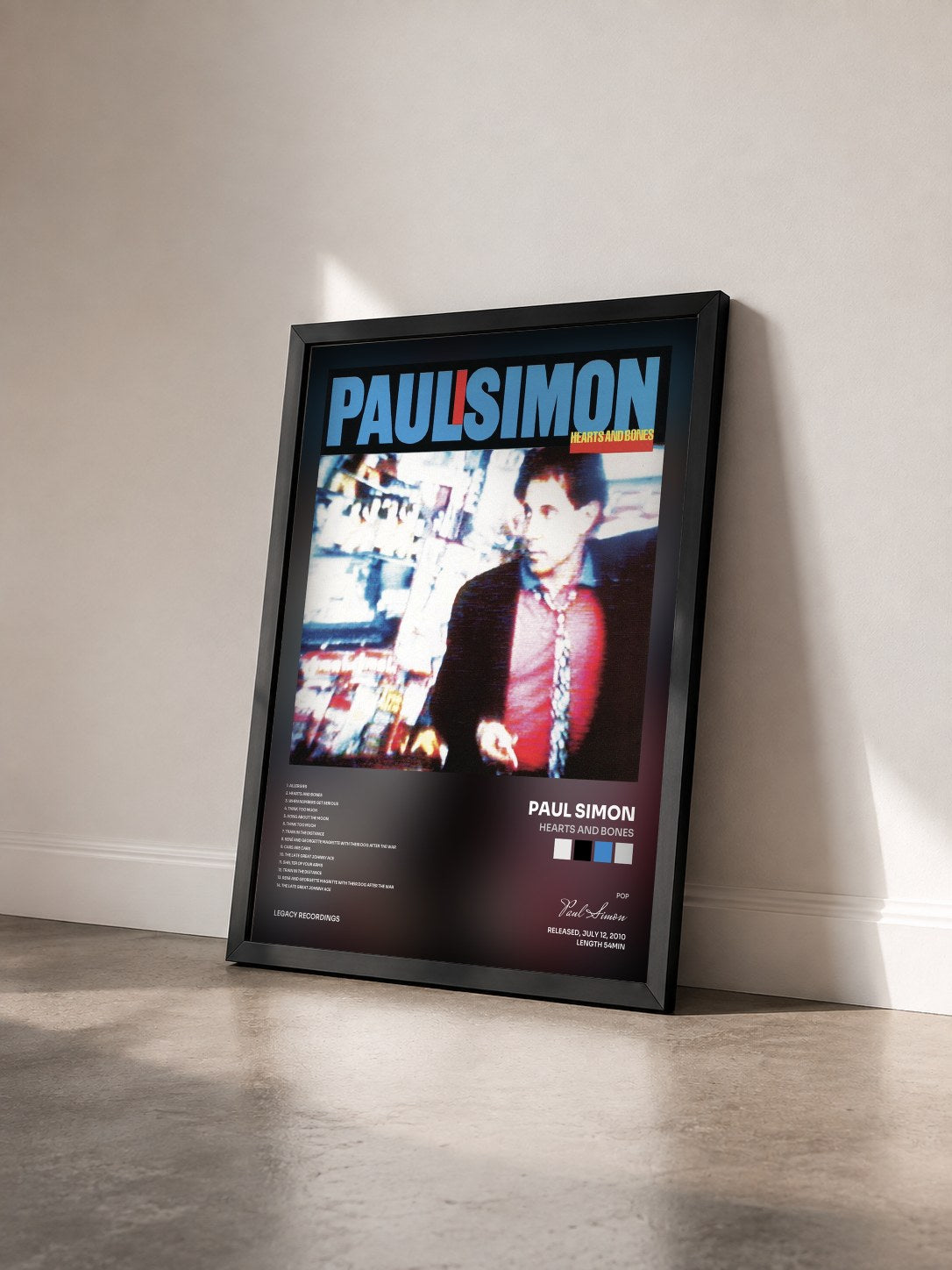 #noir Tableau de l'album Hearts And Bones de Paul Simon vu de trois quarts, cadre noir