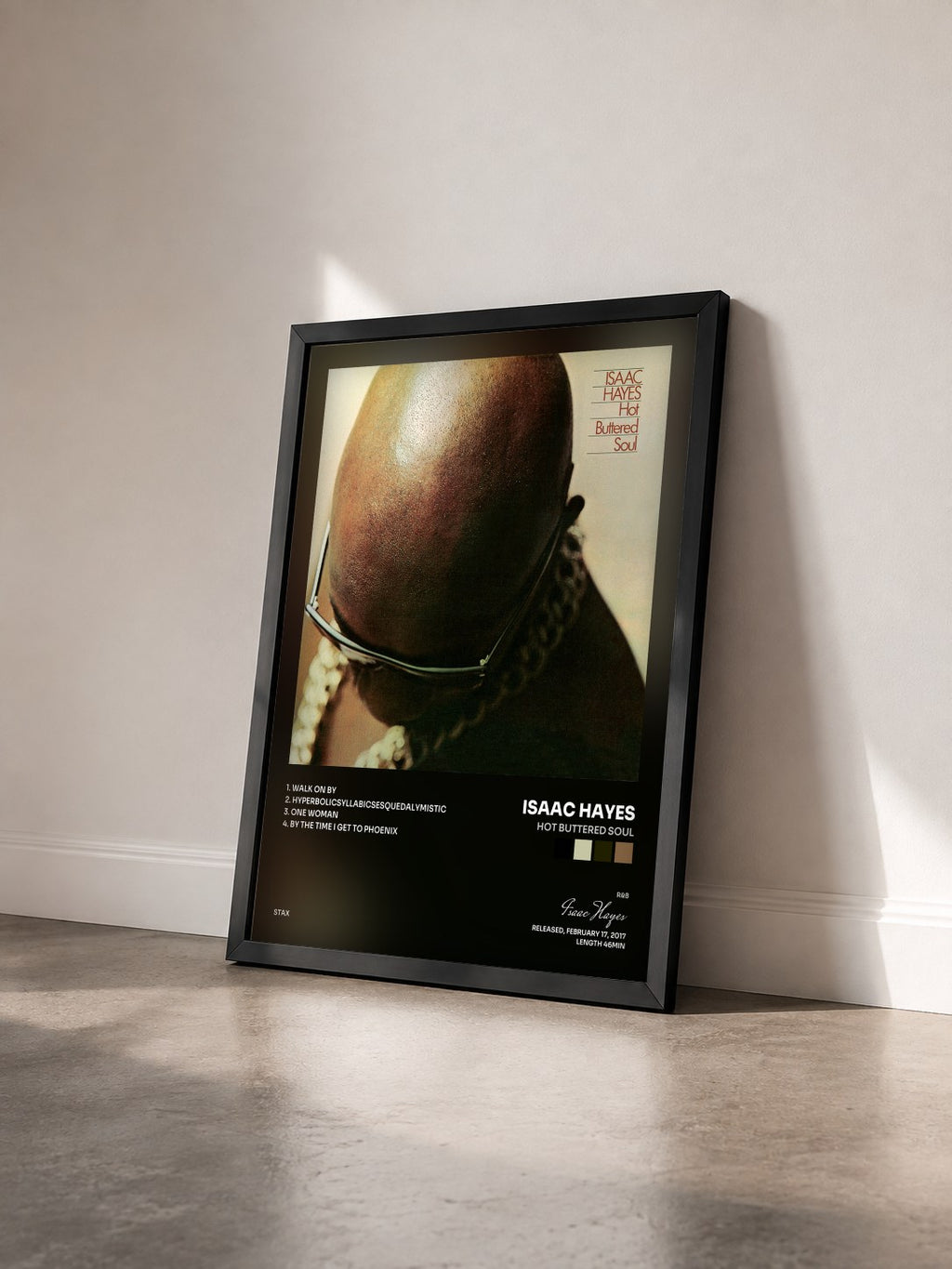 #noir Tableau de l'album Hot Buttered Soul de Isaac Hayes vu de trois quarts, cadre noir