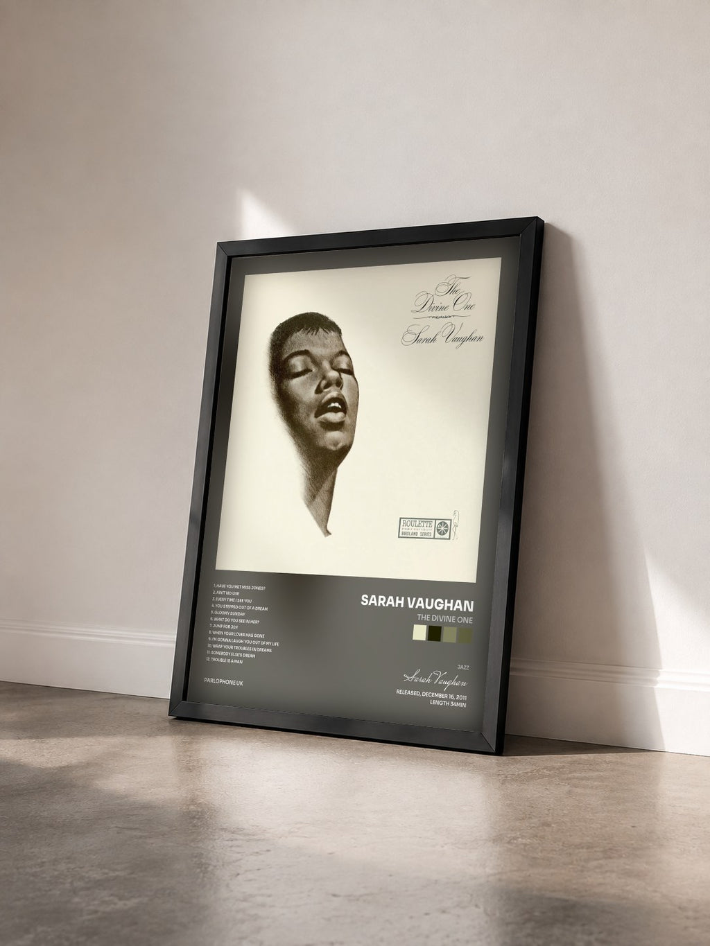 #noir Tableau de l'album The Divine One de Sarah Vaughan vu de trois quarts, cadre noir