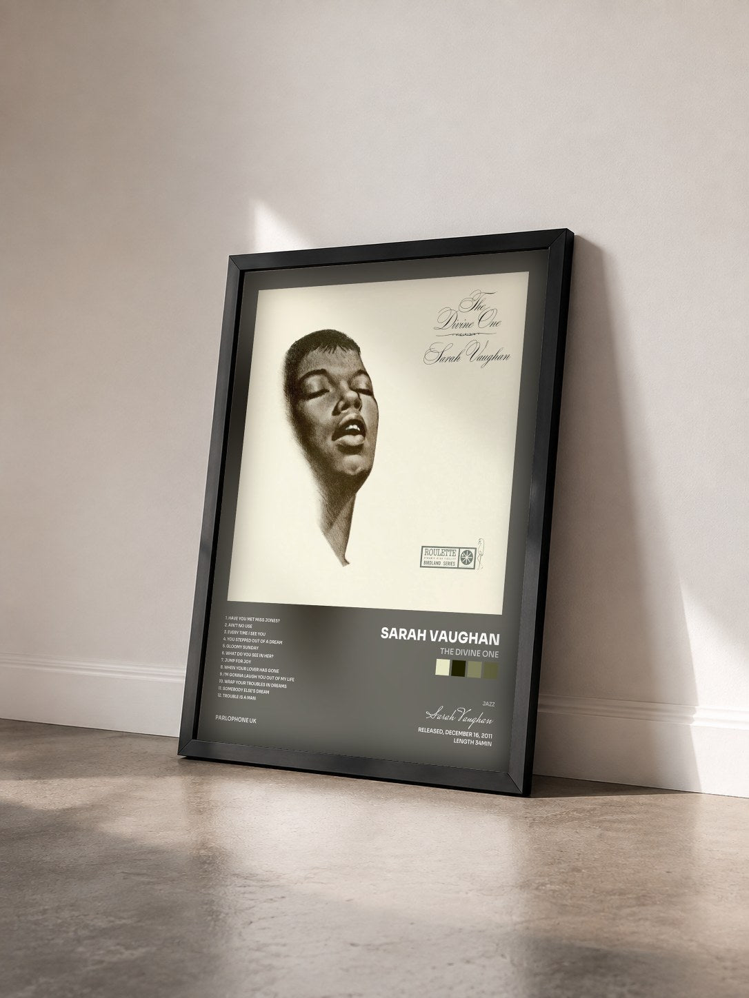 #noir Tableau de l'album The Divine One de Sarah Vaughan vu de trois quarts, cadre noir