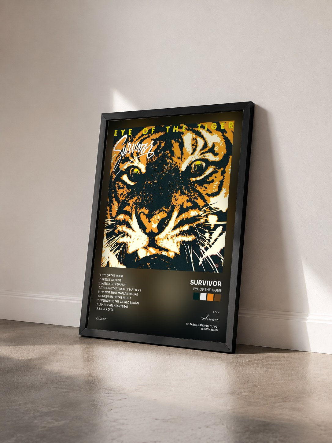 #noir Tableau de l'album Eye Of The Tiger de Survivor vu de trois quarts, cadre noir