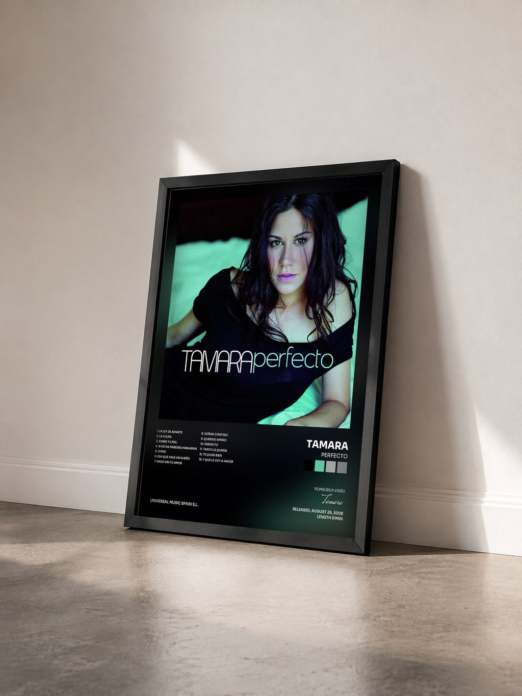 #noir Tableau de l'album Perfecto de Tamara vu de trois quarts, cadre noir