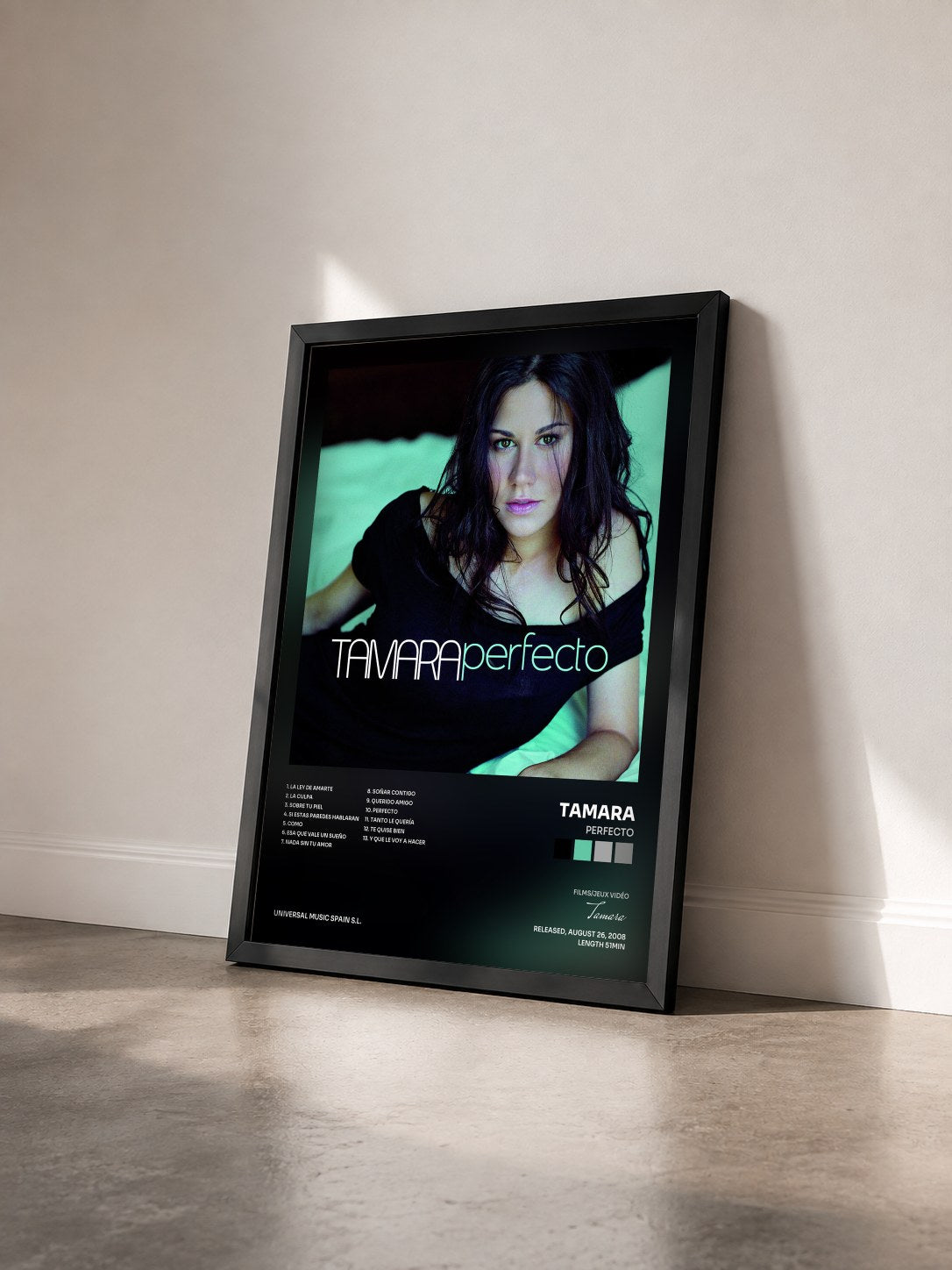 #noir Tableau de l'album Perfecto de Tamara vu de trois quarts, cadre noir