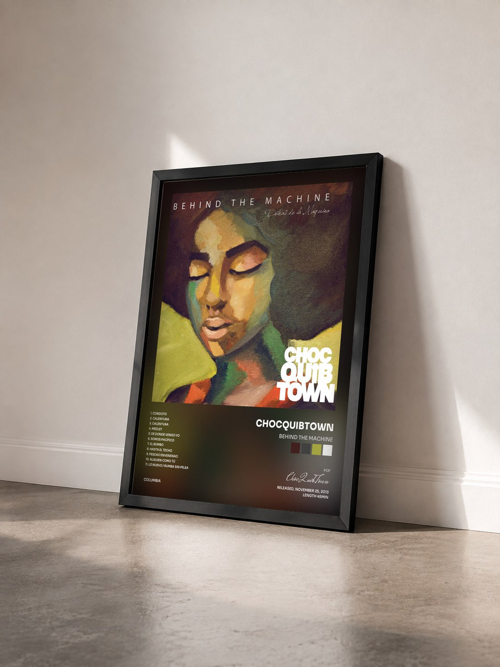 #noir Tableau de l'album Behind The Machine de ChocQuibTown vu de trois quarts, cadre noir