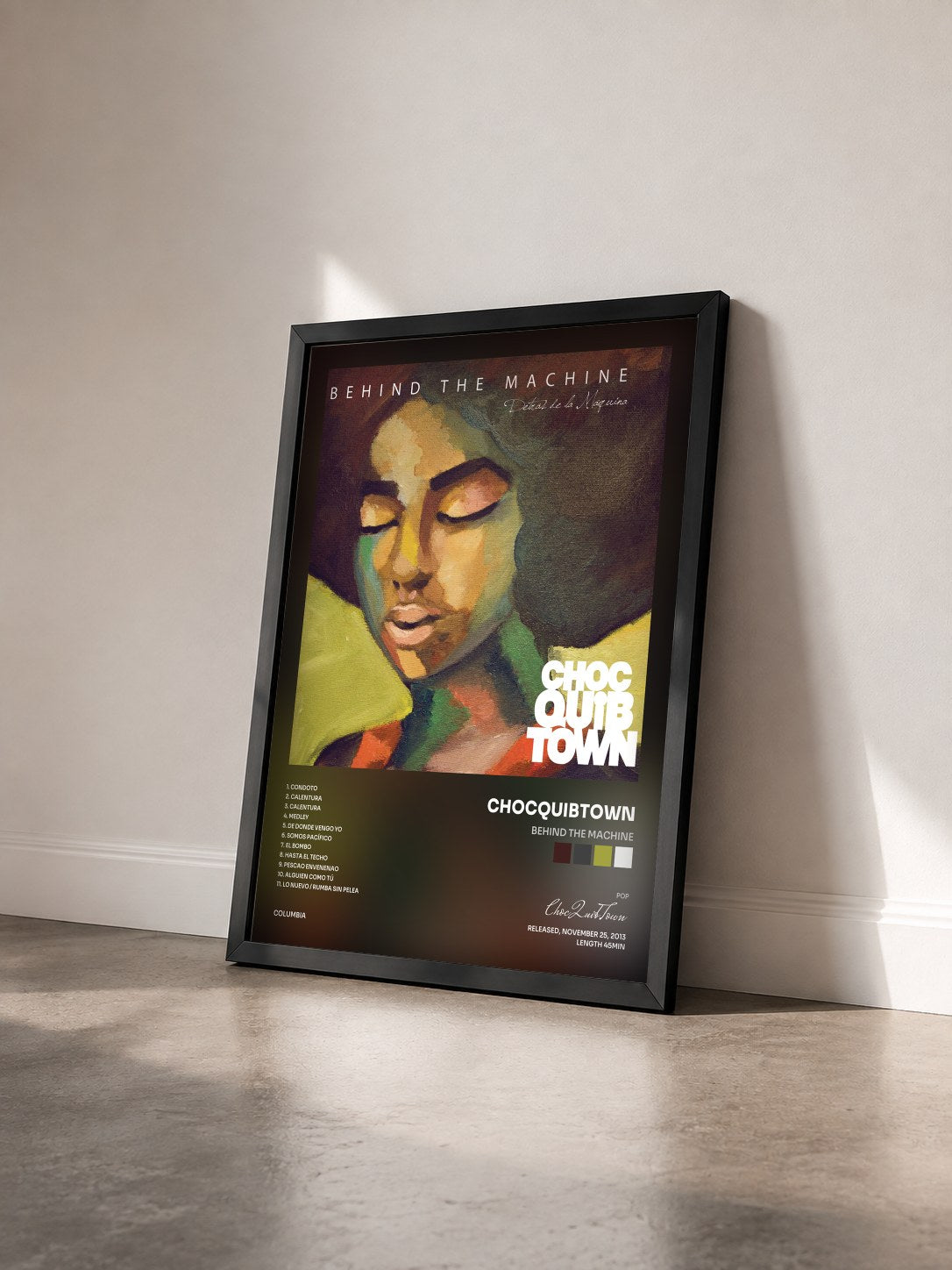 #noir Tableau de l'album Behind The Machine de ChocQuibTown vu de trois quarts, cadre noir
