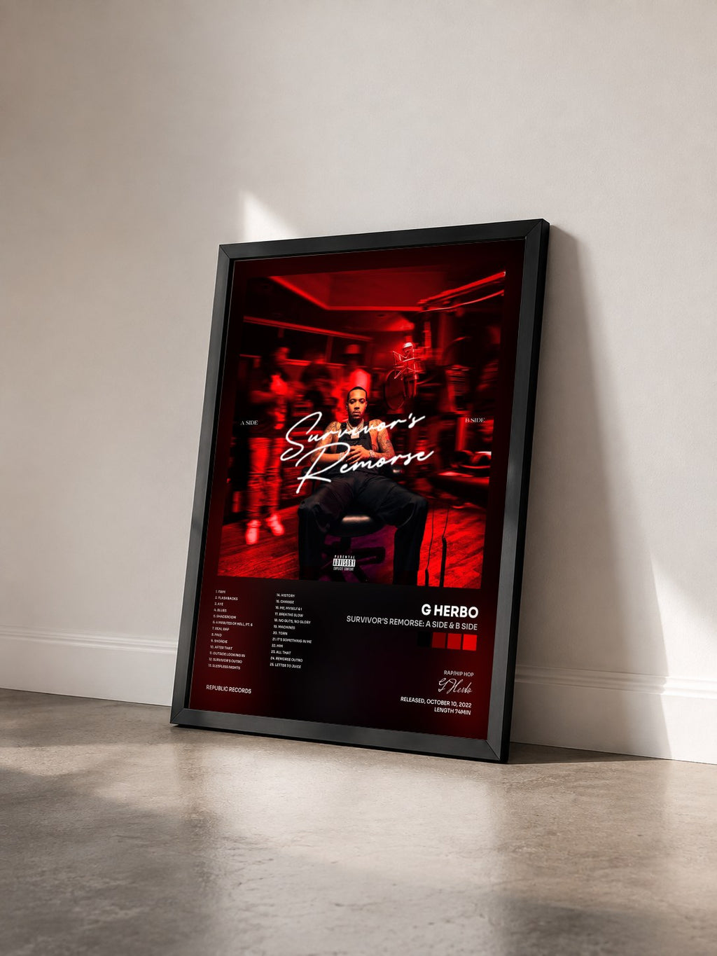 #noir Tableau de l'album Survivor's Remorse: A Side & B Side de G Herbo vu de trois quarts, cadre noir