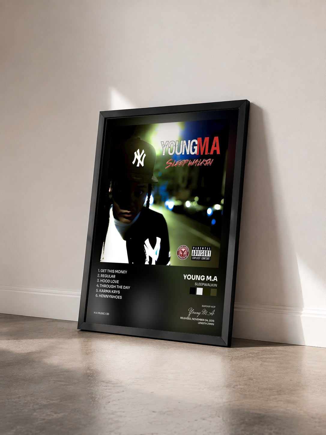 #noir Tableau de l'album SleepWalkin de Young M.A vu de trois quarts, cadre noir