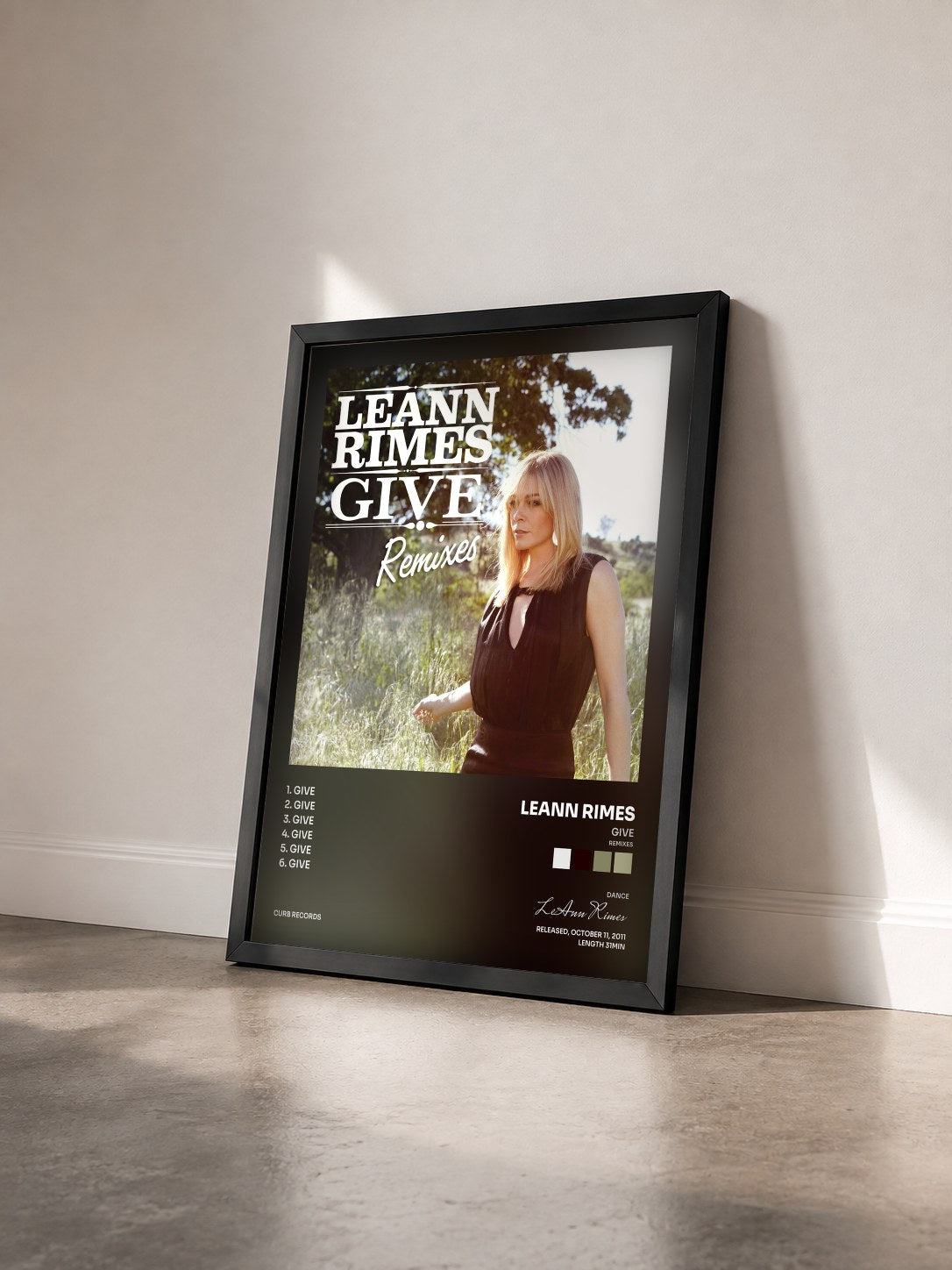#noir Tableau de l'album Give (Remixes) de LeAnn Rimes vu de trois quarts, cadre noir