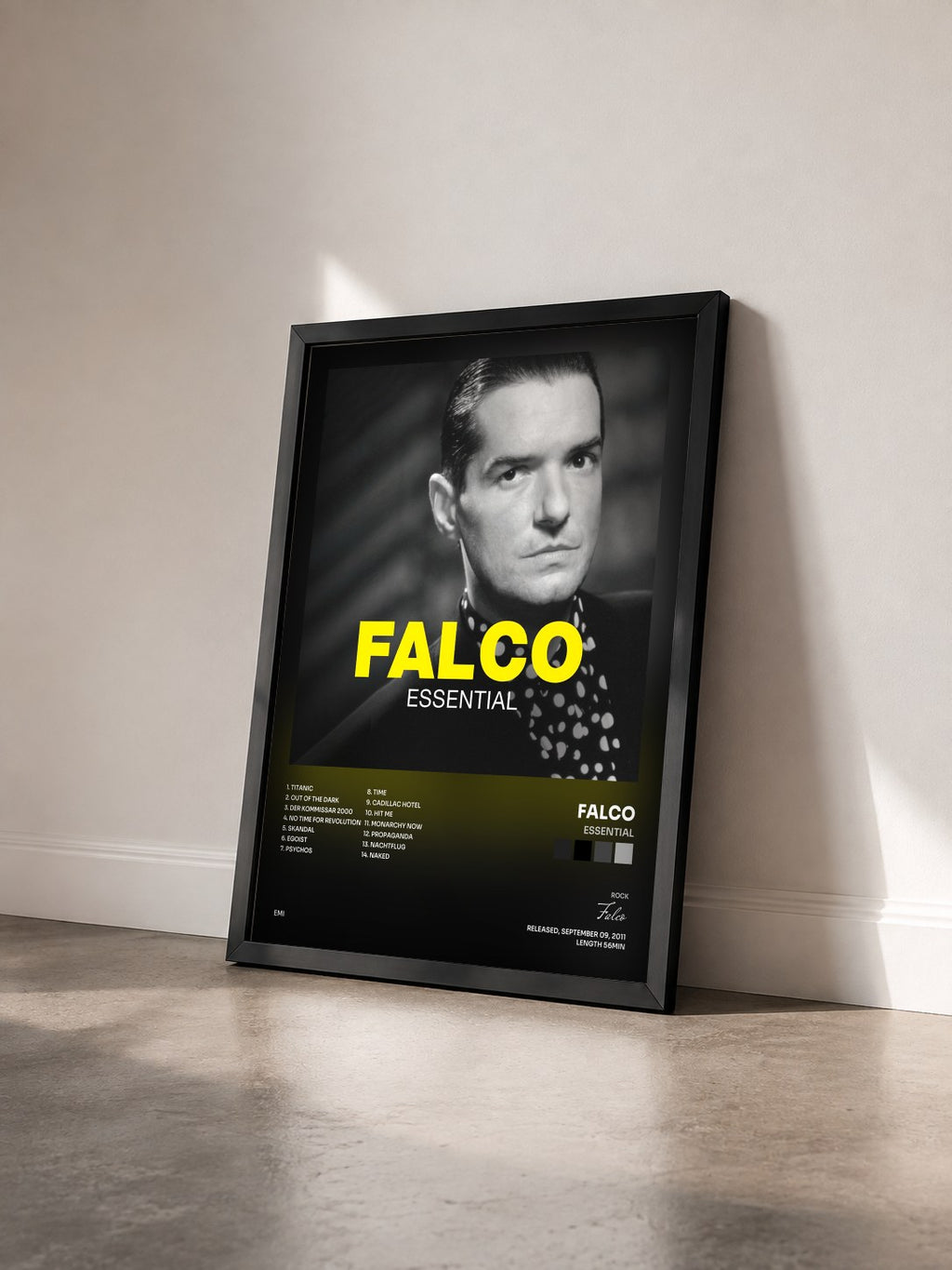 #noir Tableau de l'album Essential de Falco vu de trois quarts, cadre noir