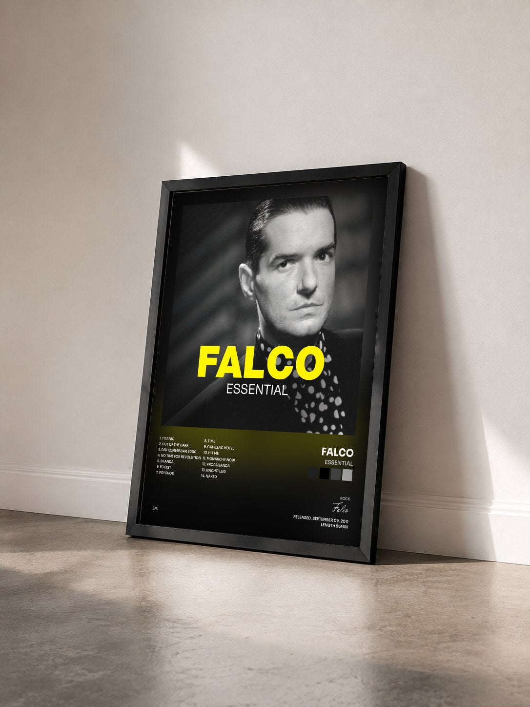 #noir Tableau de l'album Essential de Falco vu de trois quarts, cadre noir
