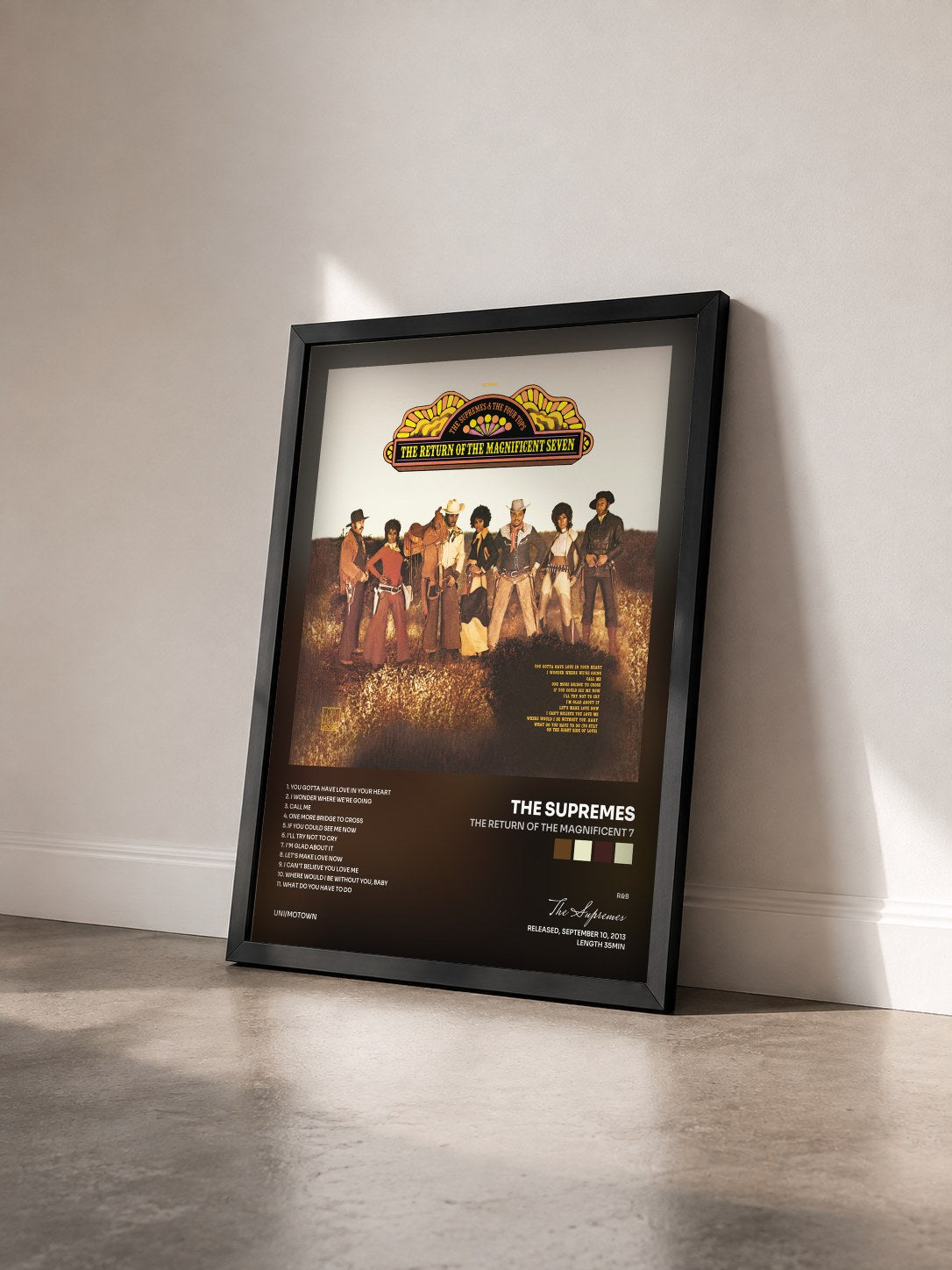 #noir Tableau de l'album The Return Of The Magnificent 7 de The Supremes vu de trois quarts, cadre noir