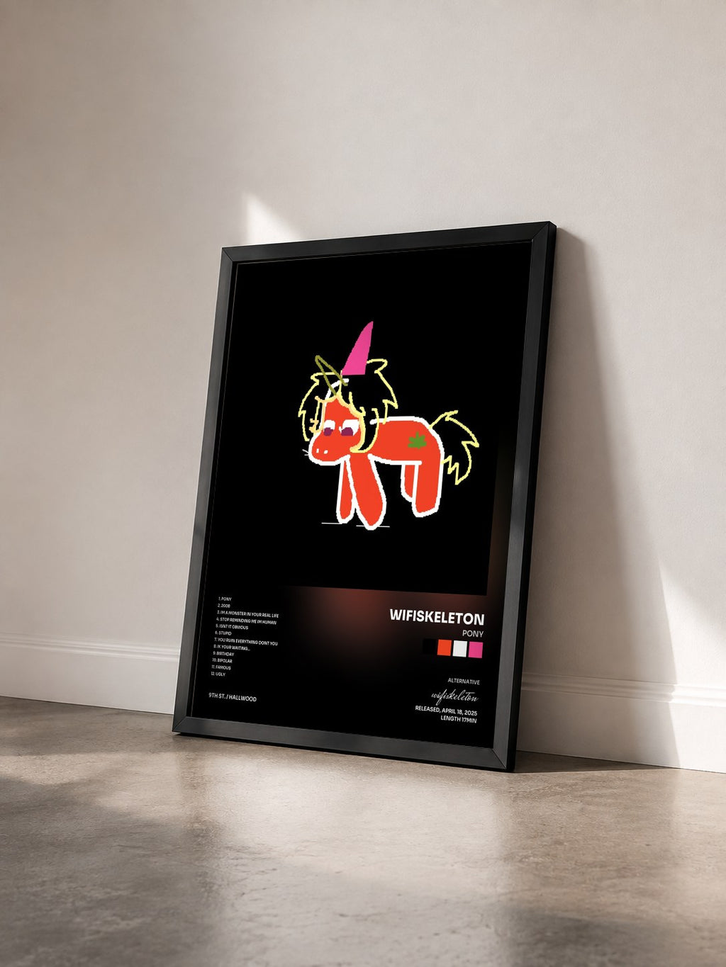#noir Tableau de l'album pony de wifiskeleton vu de trois quarts, cadre noir