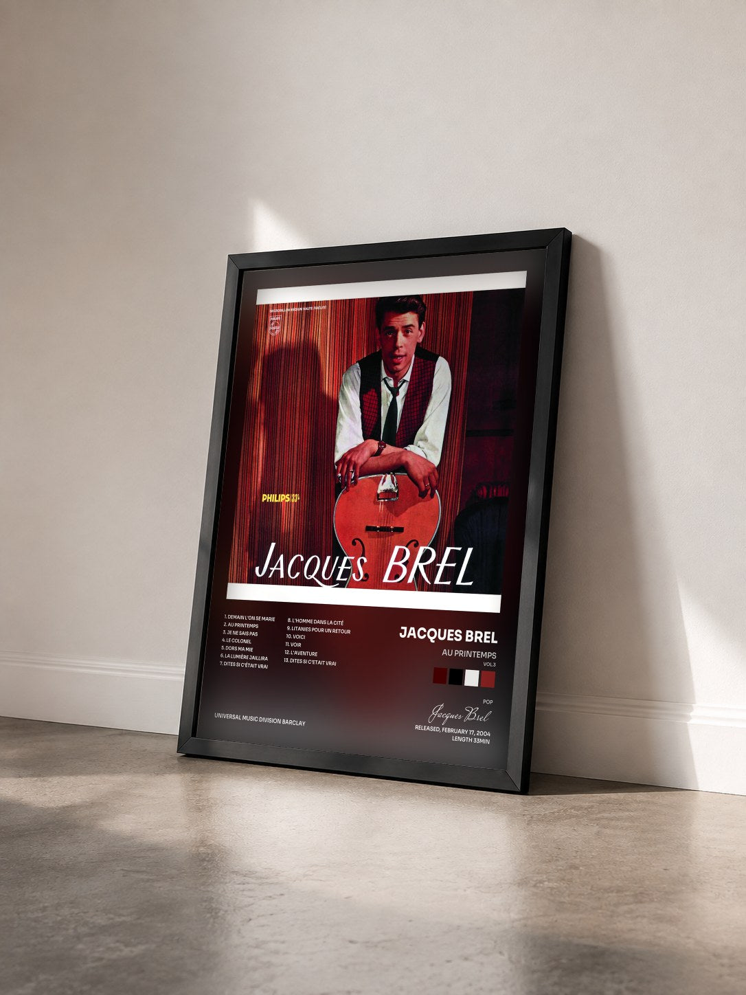 #noir Tableau de l'album Au Printemps (Vol.3) de Jacques Brel vu de trois quarts, cadre noir