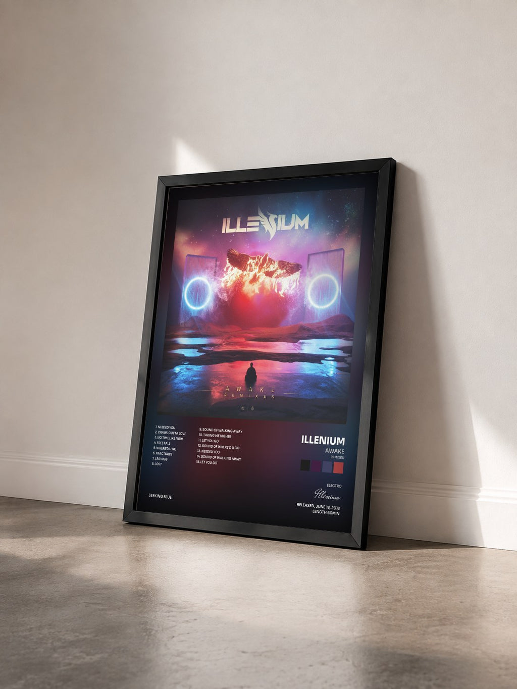 #noir Tableau de l'album Awake (Remixes) de Illenium vu de trois quarts, cadre noir
