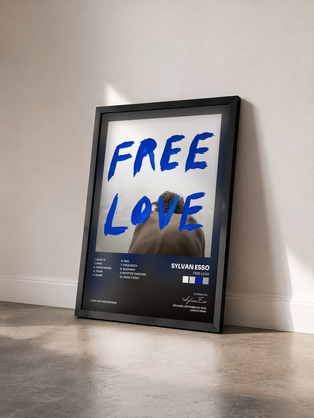 #noir Tableau de l'album Free Love de Sylvan Esso vu de trois quarts, cadre noir