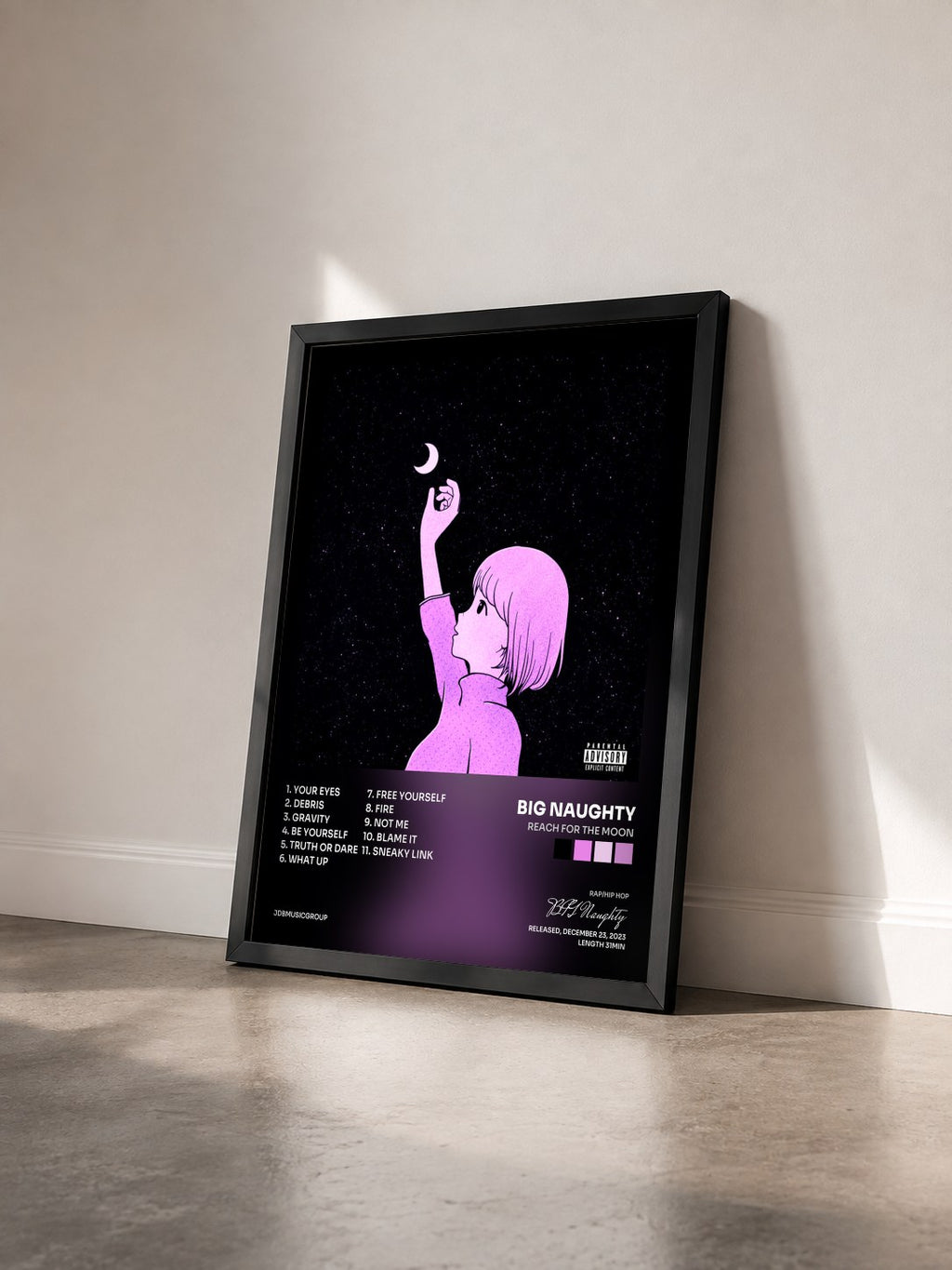 #noir Tableau de l'album Reach for the Moon de BIG Naughty vu de trois quarts, cadre noir