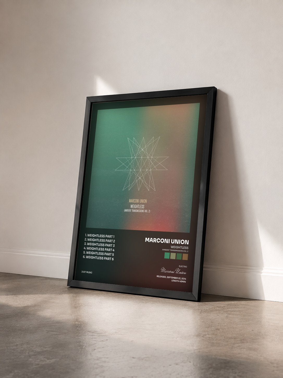 #noir Tableau de l'album Weightless (Ambient Transmission Vol. 2) de Marconi Union vu de trois quarts, cadre noir