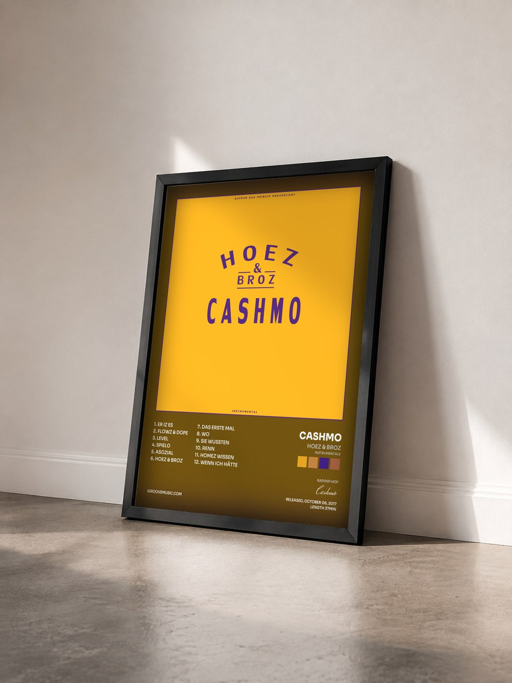 #noir Tableau de l'album Hoez & Broz (Instrumentals) de Cashmo vu de trois quarts, cadre noir