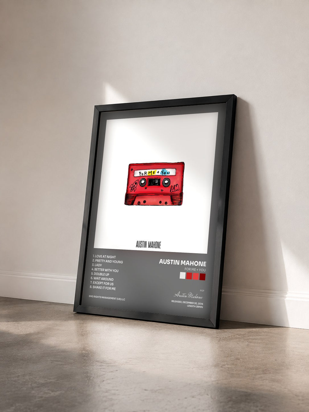 #noir Tableau de l'album For Me + You de Austin Mahone vu de trois quarts, cadre noir