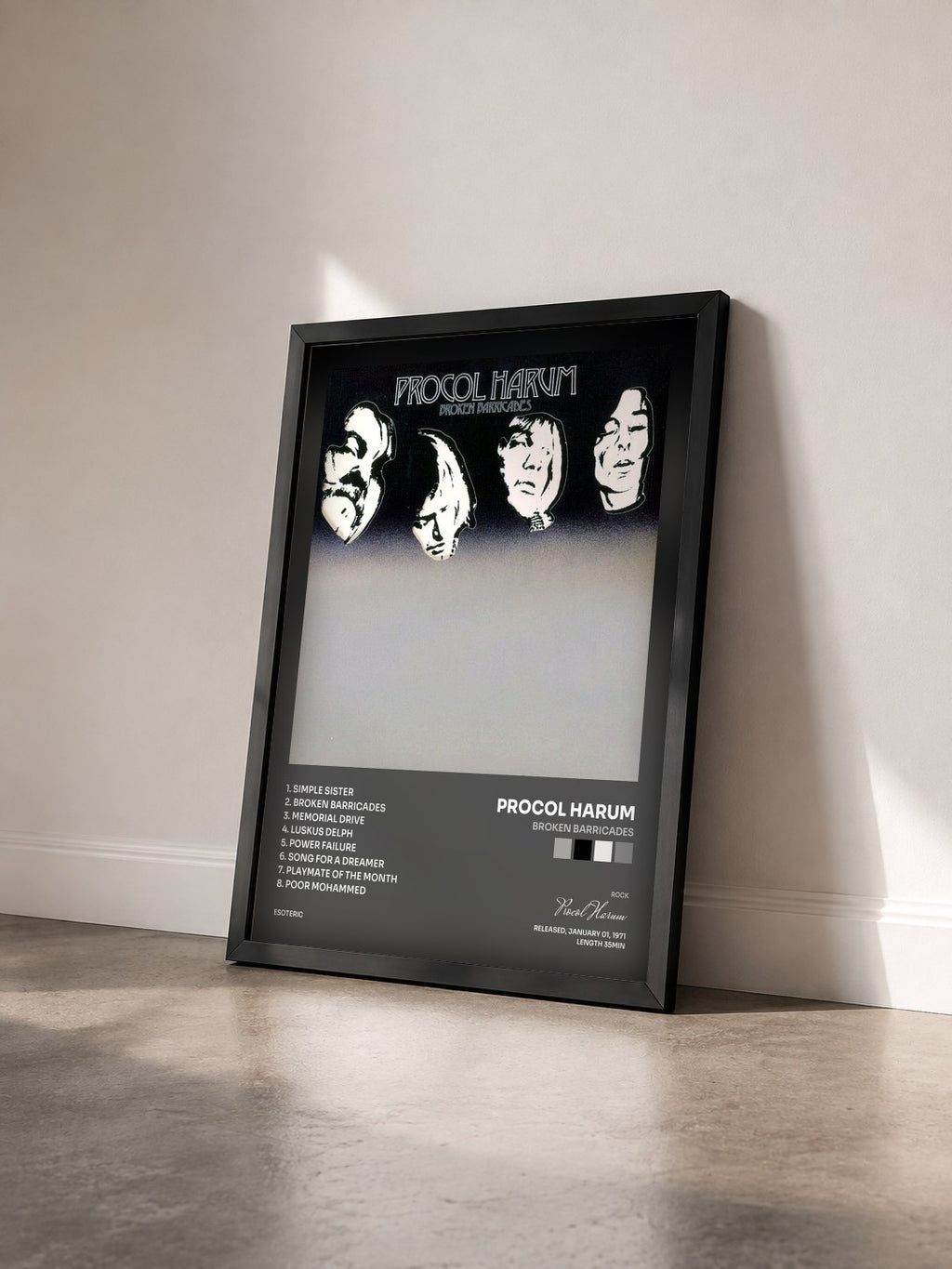 #noir Tableau de l'album Broken Barricades de Procol Harum vu de trois quarts, cadre noir