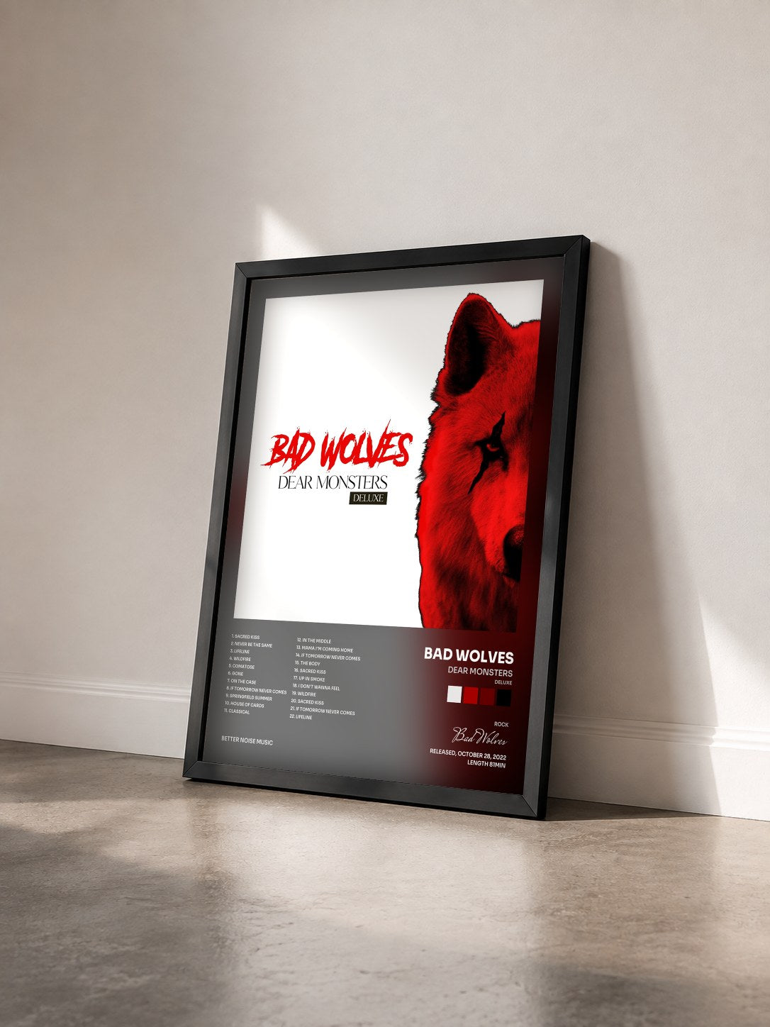 #noir Tableau de l'album Dear Monsters (Deluxe) de Bad Wolves vu de trois quarts, cadre noir