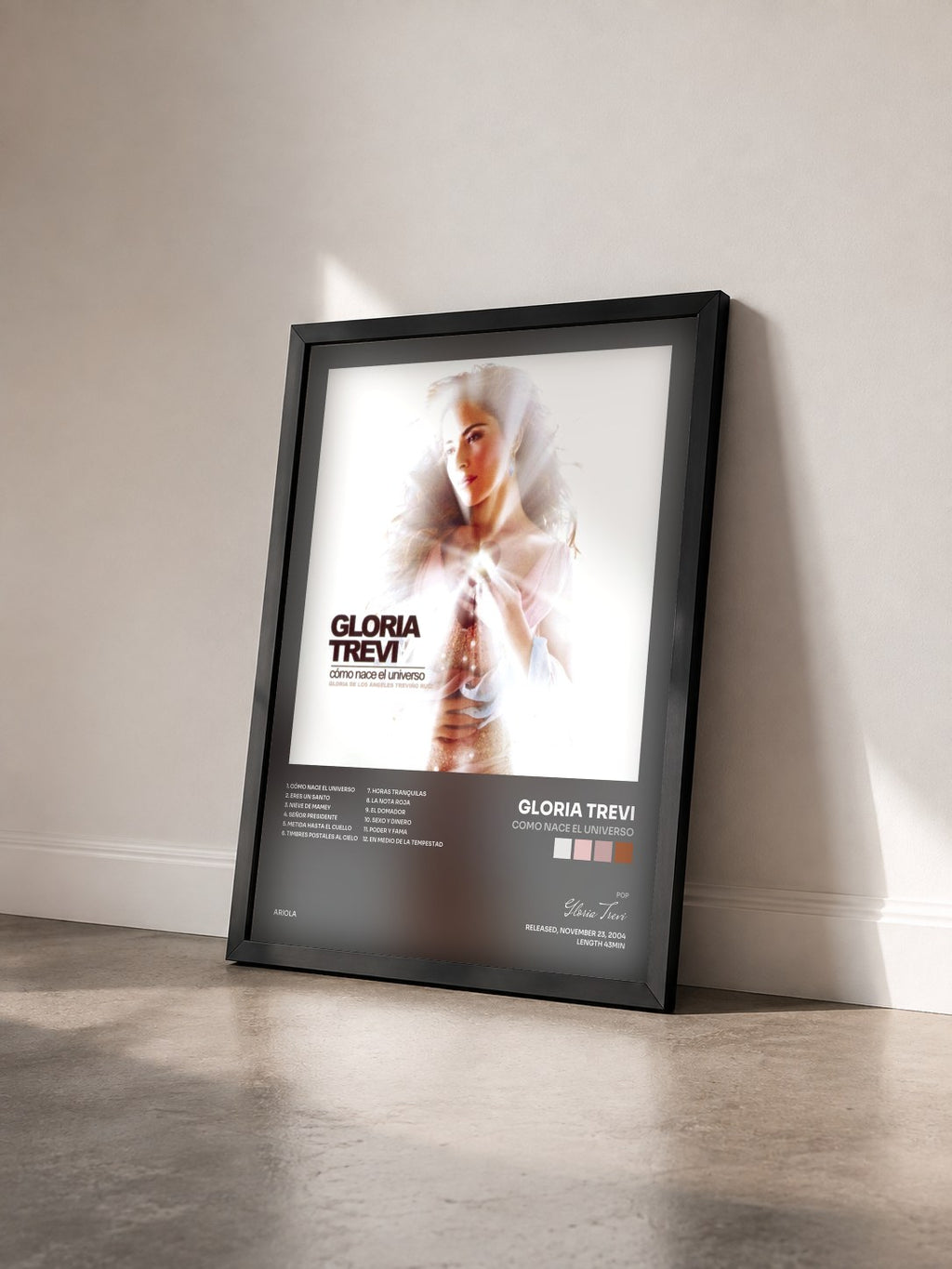 #noir Tableau de l'album Como Nace El Universo de Gloria Trevi vu de trois quarts, cadre noir