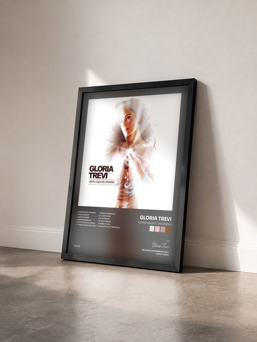 #noir Tableau de l'album Como Nace El Universo de Gloria Trevi vu de trois quarts, cadre noir