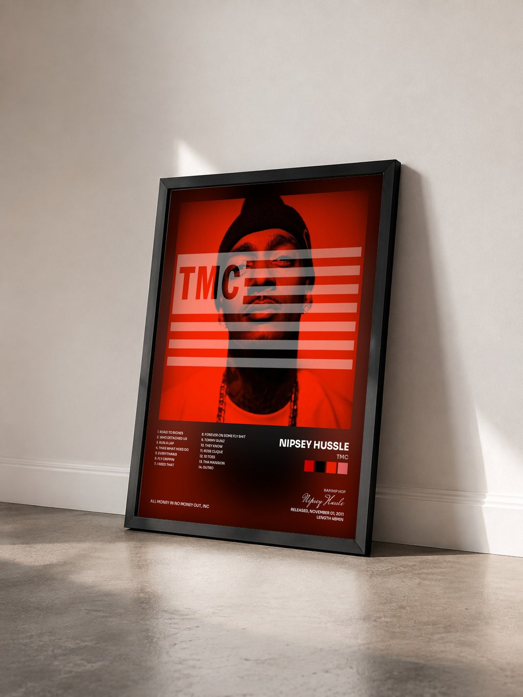 #noir Tableau de l'album TMC de Nipsey Hussle vu de trois quarts, cadre noir