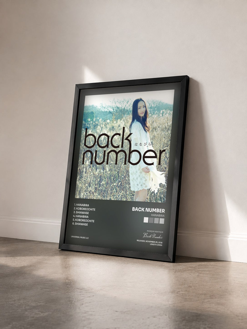 #noir Tableau de l'album Hanabira de Back Number vu de trois quarts, cadre noir