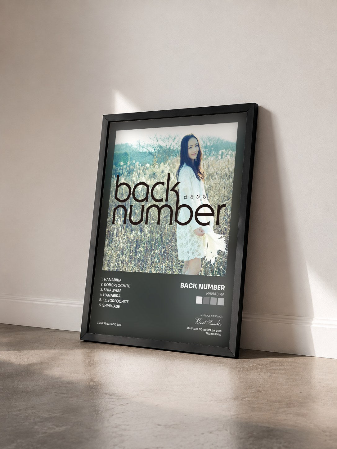 #noir Tableau de l'album Hanabira de Back Number vu de trois quarts, cadre noir