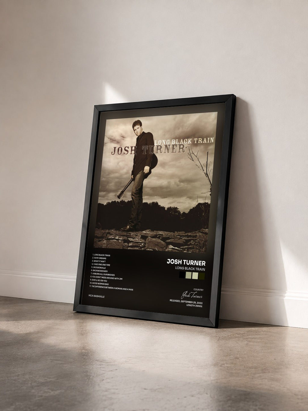 #noir Tableau de l'album Long Black Train de Josh Turner vu de trois quarts, cadre noir