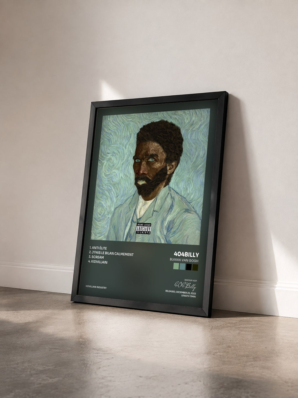 #noir Tableau de l'album BLKKKK VAN GOGH de 404Billy vu de trois quarts, cadre noir