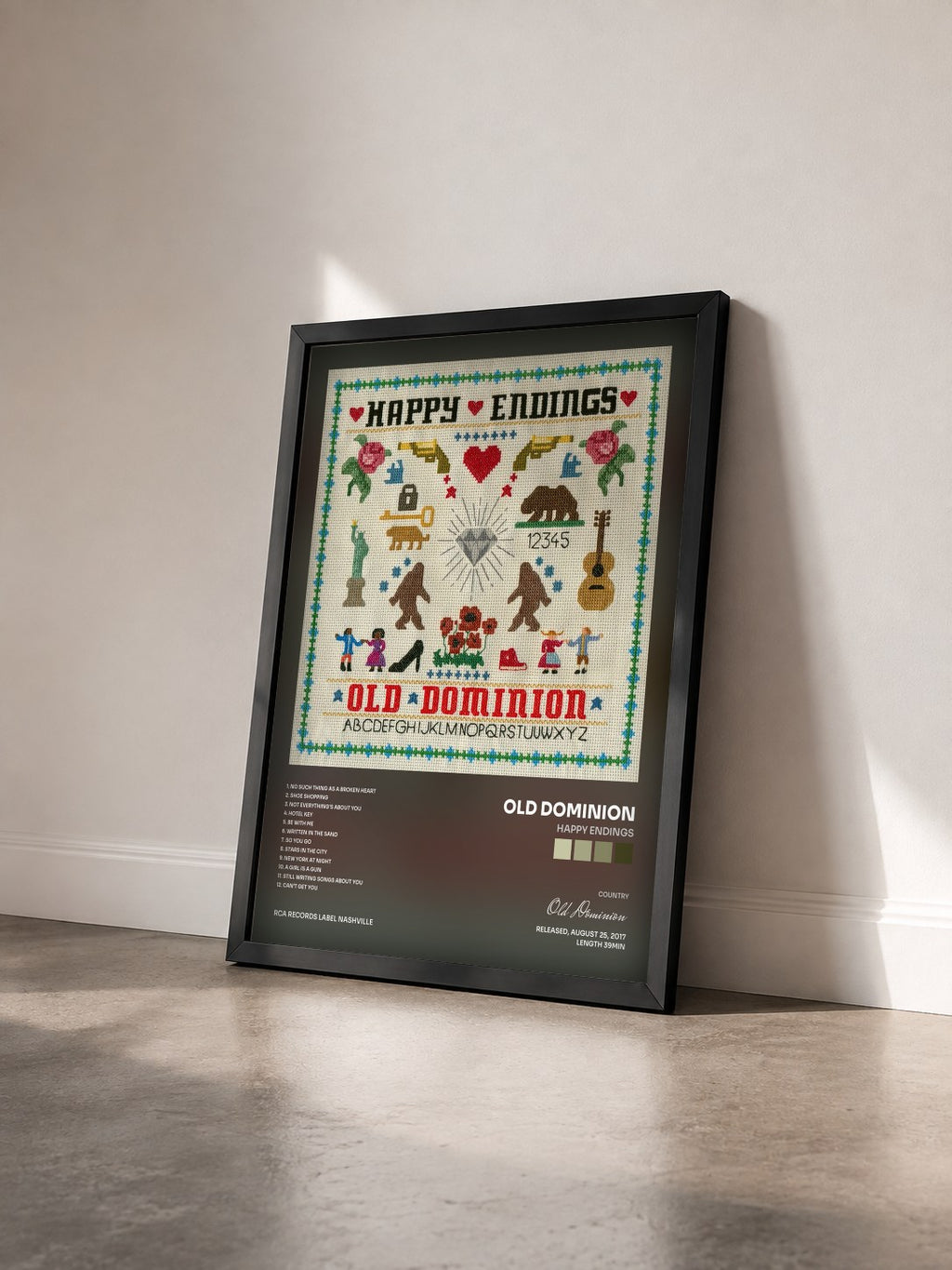 #noir Tableau de l'album Happy Endings de Old Dominion vu de trois quarts, cadre noir