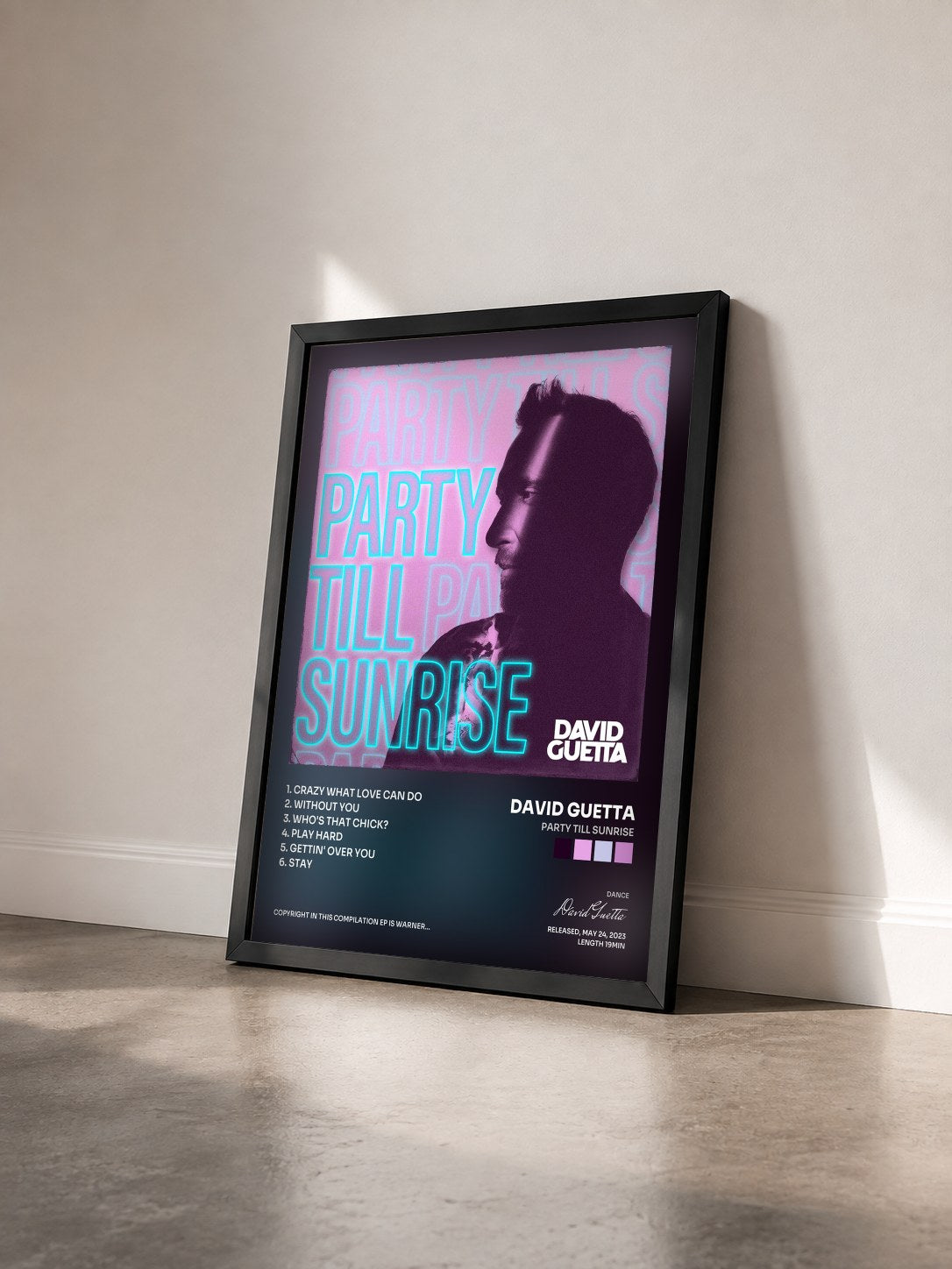 #noir Tableau de l'album Party Till Sunrise de David Guetta vu de trois quarts, cadre noir