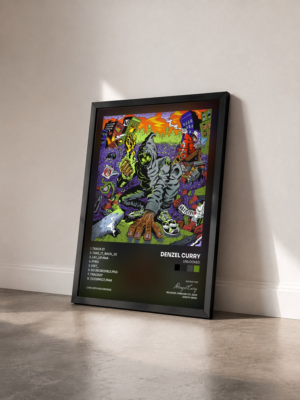 #noir Tableau de l'album UNLOCKED de Denzel Curry vu de trois quarts, cadre noir