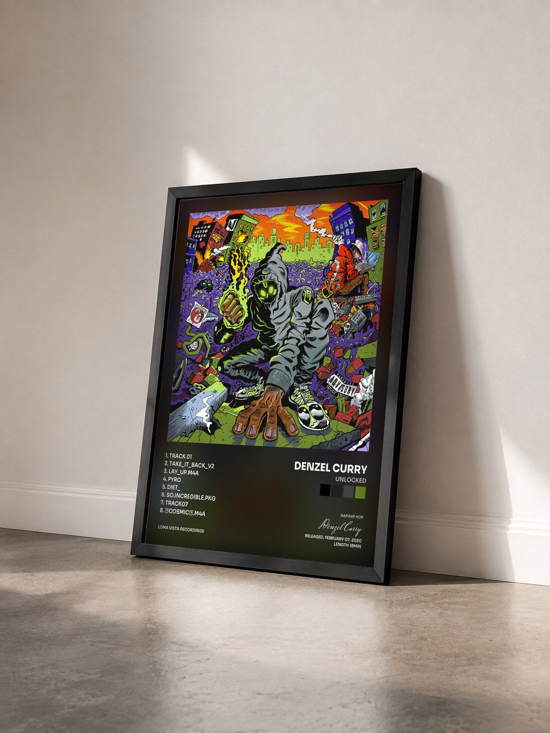 #noir Tableau de l'album UNLOCKED de Denzel Curry vu de trois quarts, cadre noir
