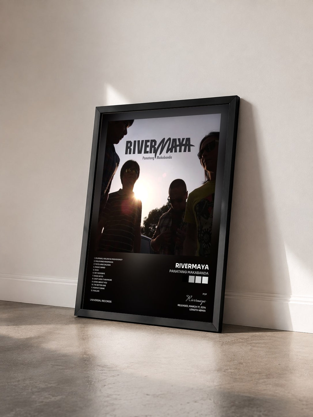 #noir Tableau de l'album Panatang Makabanda de Rivermaya vu de trois quarts, cadre noir
