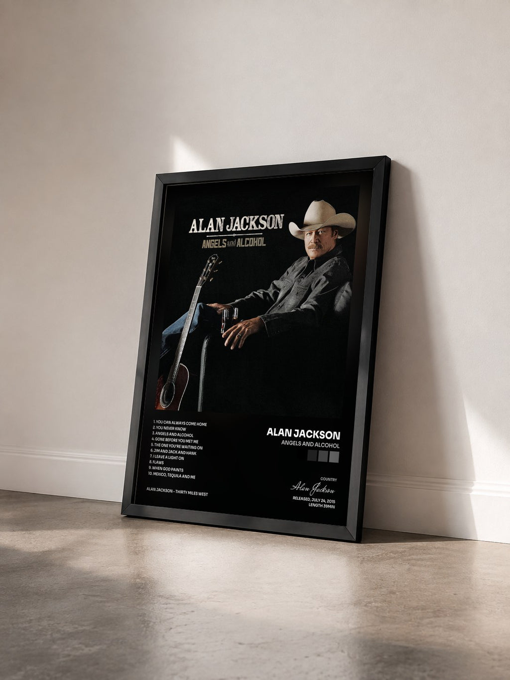 #noir Tableau de l'album Angels And Alcohol de Alan Jackson vu de trois quarts, cadre noir