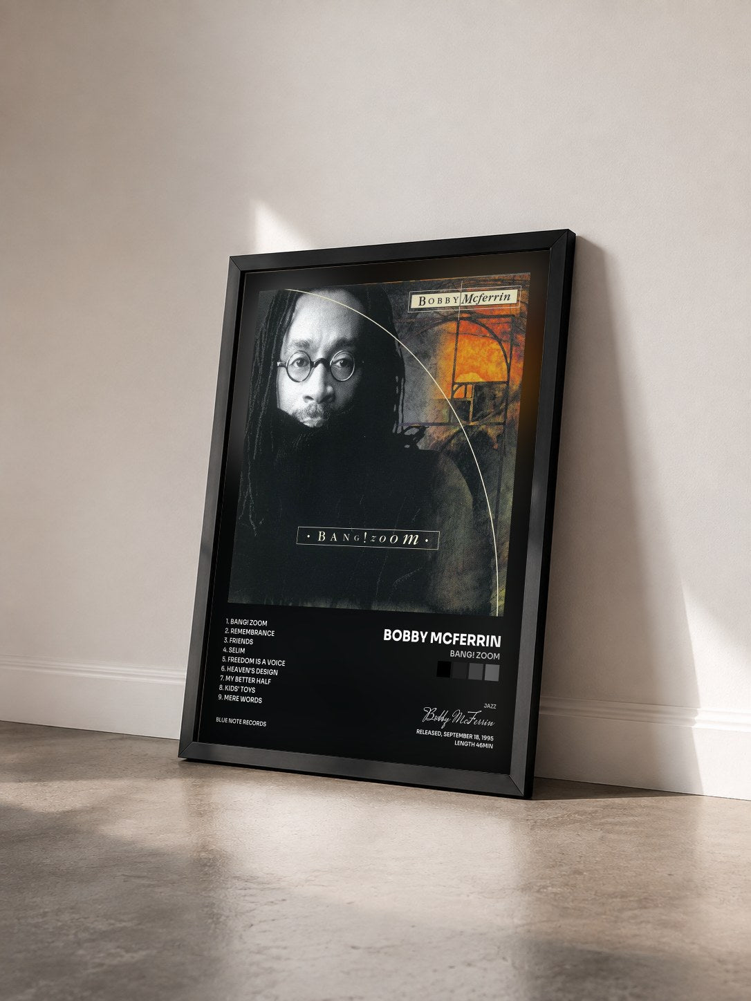 #noir Tableau de l'album Bang! Zoom de Bobby McFerrin vu de trois quarts, cadre noir